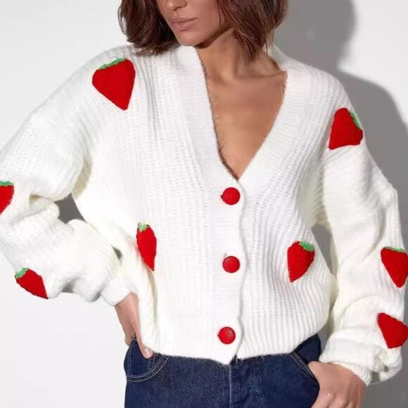 Versatile Kawaii Strawberry Cardigan - Button Closure Long Sleeve Top - Picture 2 of 3